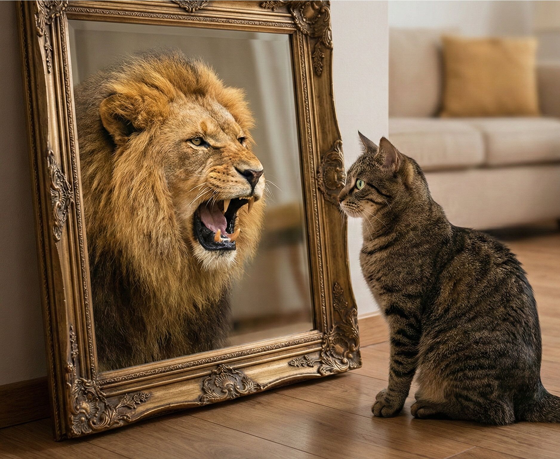Domestic tabby cat looking into a mirror and seeing a lion's reflection.