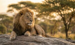 Majestic male lion resting on a rock at a wildlife sanctuary during sunrise.