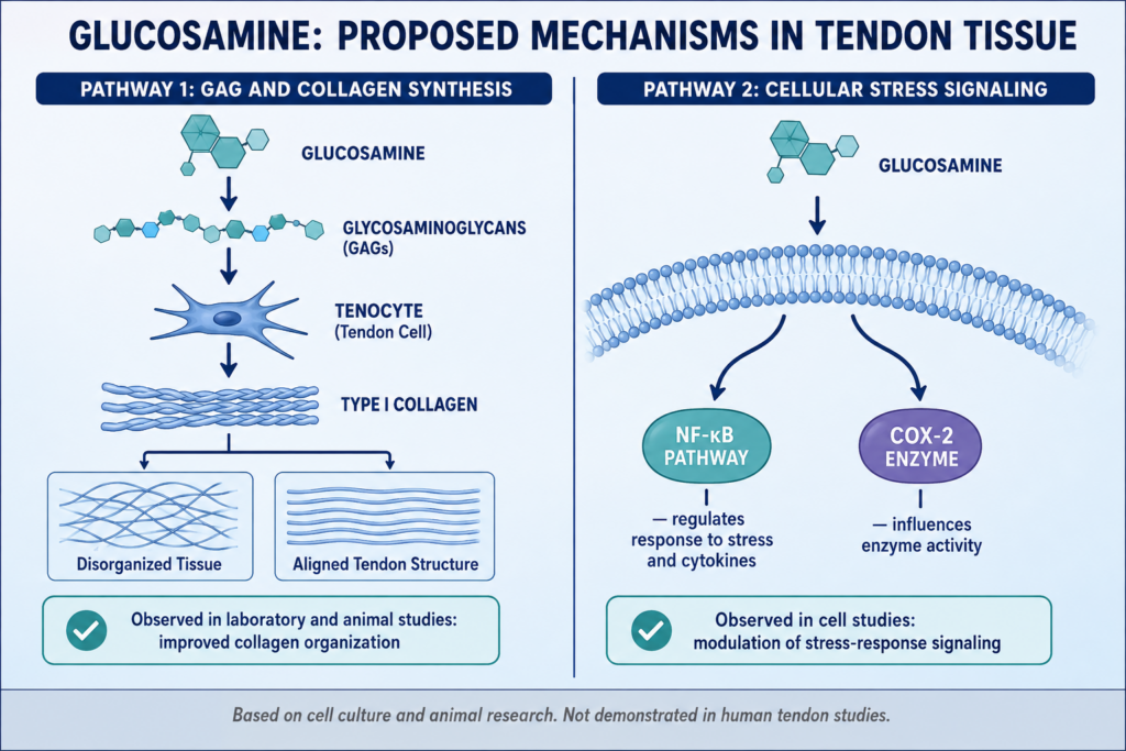 Diagram of two proposed mechanisms for glucosamine in tendon tissue: as a precursor to glycosaminoglycans supporting tenocyte collagen synthesis and organized fiber alignment, and as a modulator of NF-κB and COX-2 cellular stress signaling. Based on cell culture and animal research.