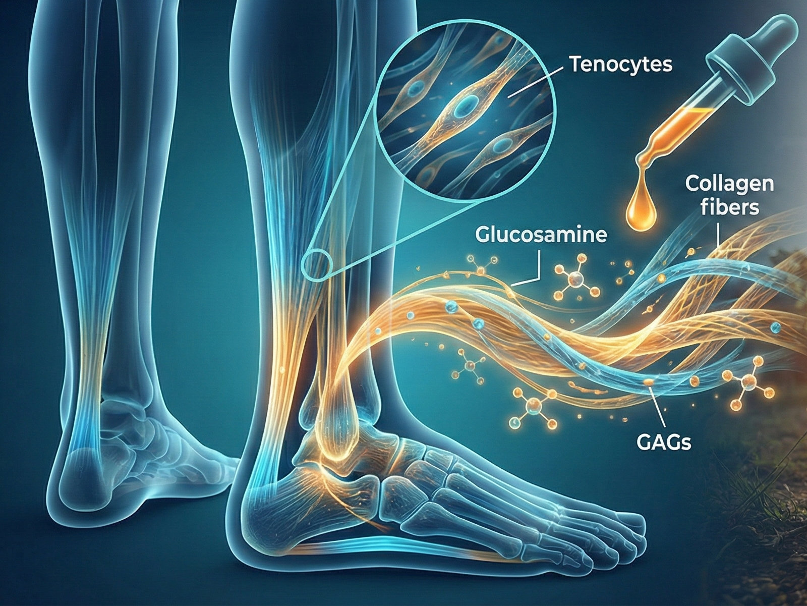 Composite image with a scientific diagram of the human Achilles tendon on the left, showing cellular components like tenocytes, Glucosamine, and collagen fibers. A dropper is adding liquid to the diagram. On the right, a runner's legs are in motion at sunrise, with a transparent overlay of the Achilles anatomy. The title "THE SCIENCE OF ACHILLES HEALTH: LIQUID GLUCOSAMINE & CELLULAR SUPPORT" is at the top.