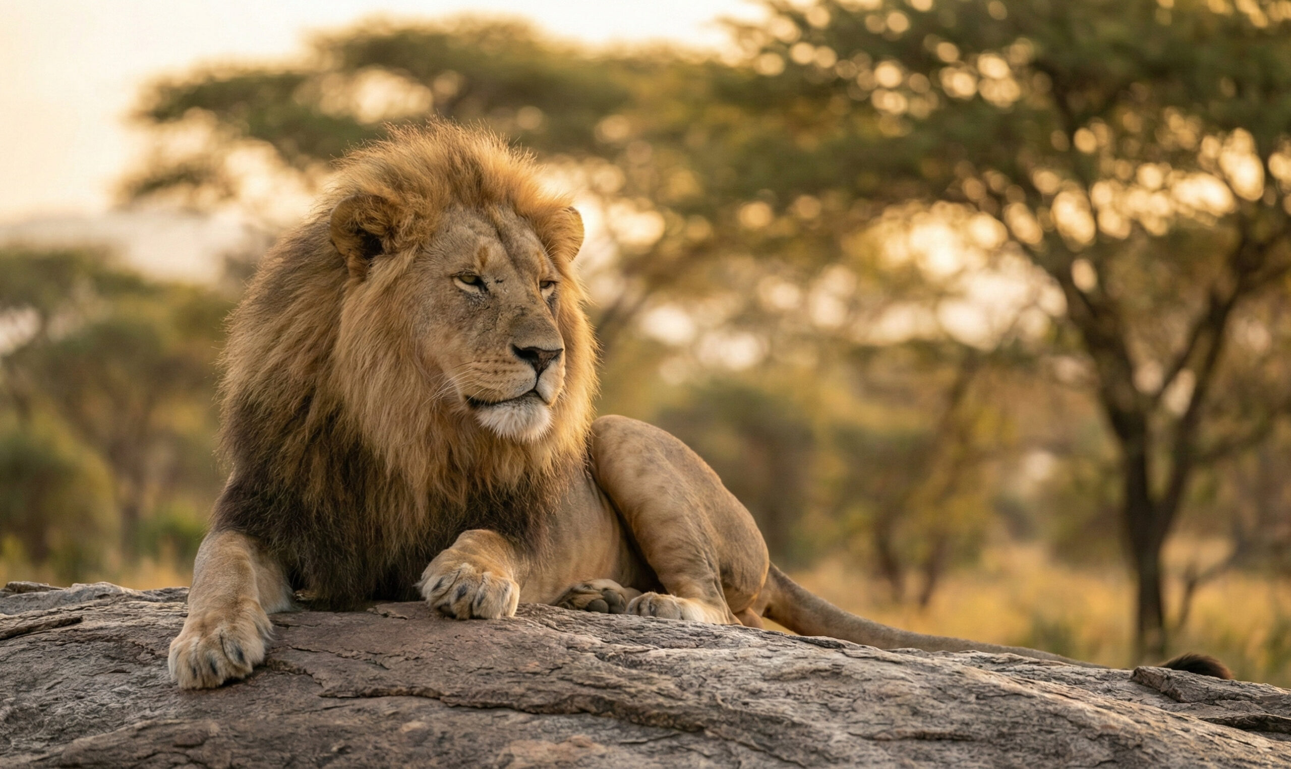 Majestic male lion resting on a rock at a wildlife sanctuary during sunrise.