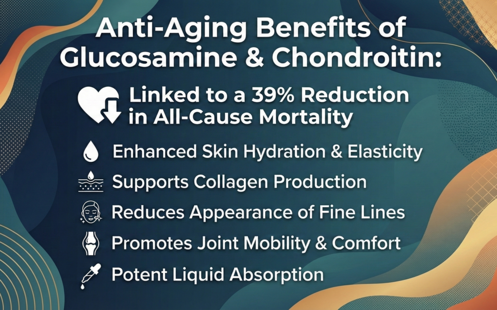 Infographic listing the anti-aging benefits of Glucosamine and Chondroitin, highlighting a 39% reduction in all-cause mortality, enhanced skin hydration, collagen support, reduced fine lines, and potent liquid absorption.