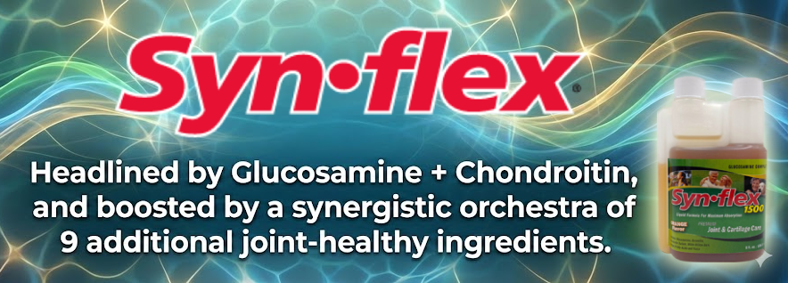 Abstract blue background with energy lines featuring text about Synflex ingredients: Headlined by Glucosamine and Chondroitin and boosted by a synergistic orchestra of 9 additional joint-healthy ingredients.