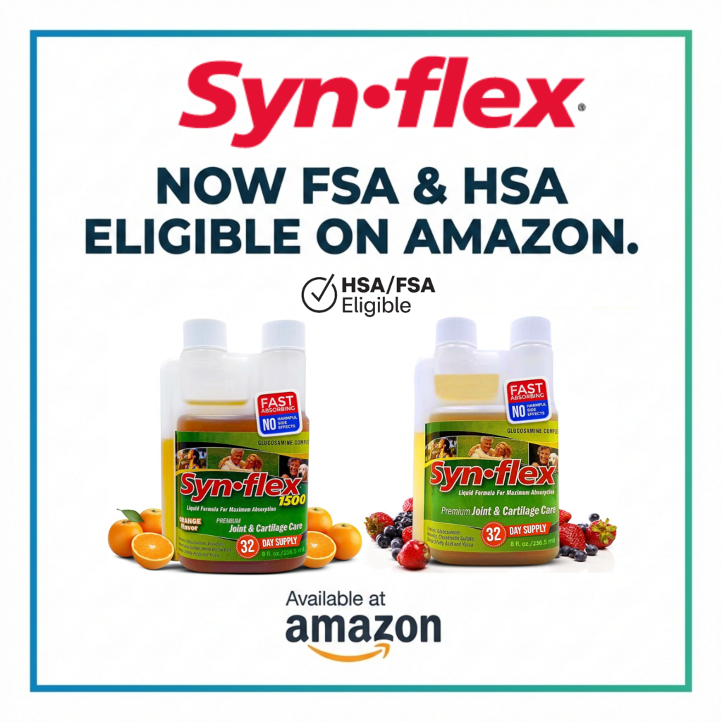 Synflex liquid glucosamine banner announcing the products are now FSA and HSA eligible on Amazon.